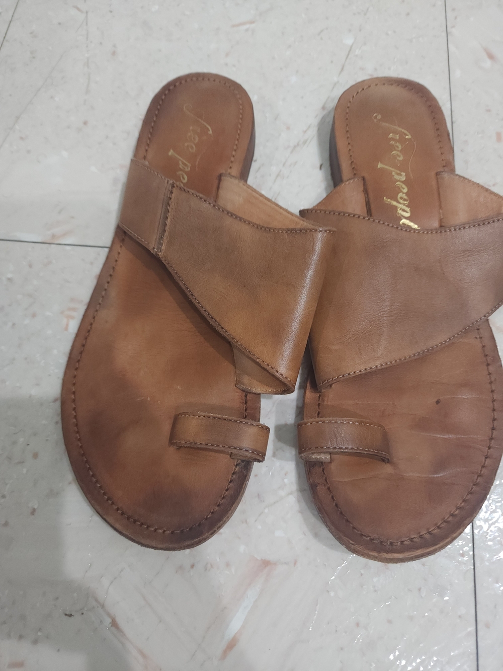 Free People Tan Leather Slide Sandals